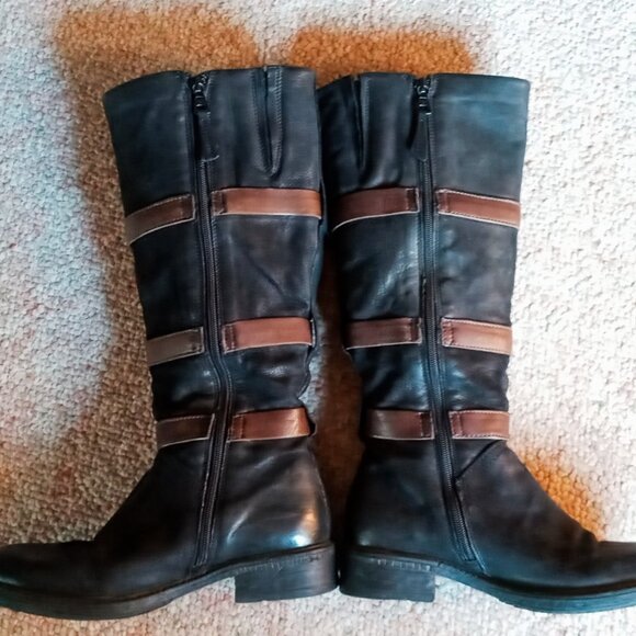Miz Mooz Charmaine Black & Brown Leather Tall Buckles Boots Sz 7 (Eur 37) - Picture 3 of 16